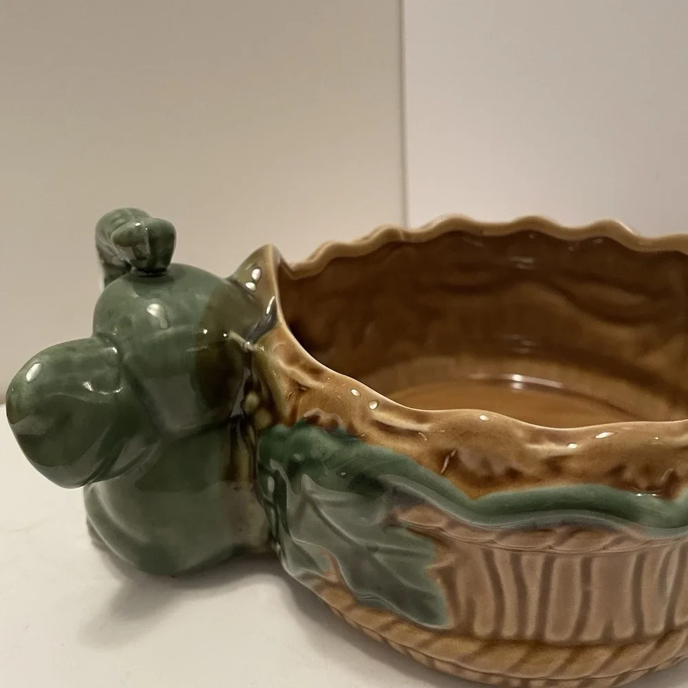 Vtg Majolica Style Elephant Planter Mother & Baby Bamboo Basket Ceramic Cachepot